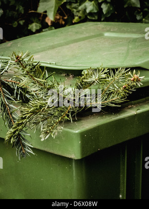 Weihnachtsbaum in einem grünen Gartenmüll Mülltonne am Kirbside Garten Stockfoto