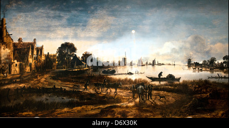 Blick auf den Fluss von Moonlight 1640 Aert van der Meer 1603-1677 Dutch Niederlande Stockfoto