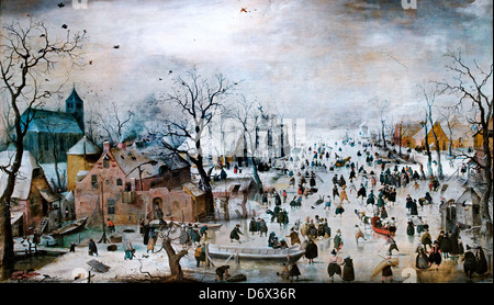 Winterlandschaft Skating Ice Hendrick Avercamp 1612-1679 Niederländisch Niederlande. Stockfoto