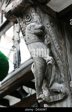 Geschnitzte hölzerne Hund auf Eiche strahlte Gebäude Stratford upon Avon Stockfoto