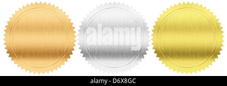 Gold-, Silber- und Bronzemedaillen Dichtungen oder Medaillen Satz isoliert mit Beschneidungspfad enthalten Stockfoto
