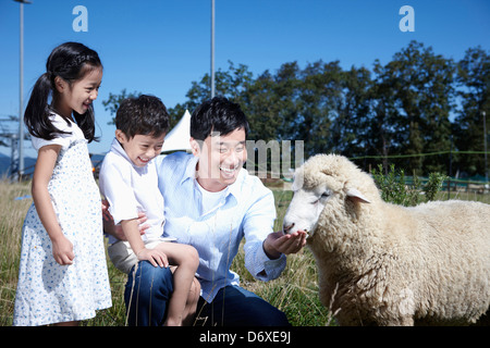 Kinder und Vater Fütterung ein Schaf in einer farm Stockfoto