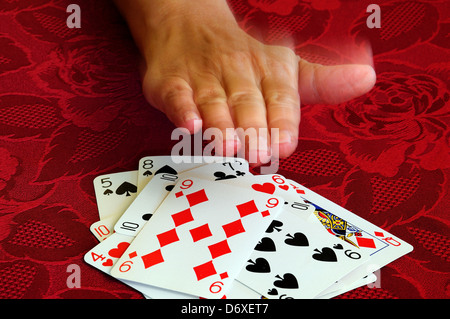 Frau spielt Snap, England, Großbritannien, Westeuropa. Stockfoto