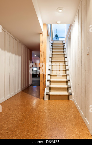 Treppe zum fertigen Keller in Wohngebäude mit Holzvertäfelung und Korkboden Stockfoto