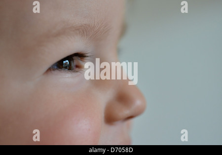 Ein Porträt eines kleinen Jungen im Alter von achtzehn Monate alt, mit braunen Haaren trägt einen blauen und weißen abgespeckten Top. Stockfoto