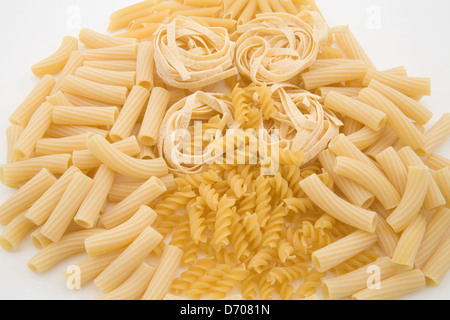 Studio Auswahl der vier trockene Nudeln Ei Tagliatelle Fusilli Elicoidali Bronze Pennette Rigate auf weißem Hintergrund Stockfoto