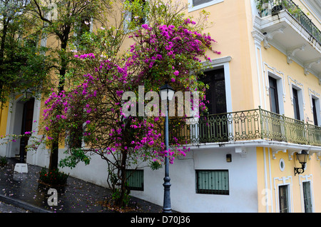 Bunte Gebäude und Laternenpfahl auf einem Hügel in Old San Juan, Puerto Rico Stockfoto