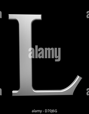 Buchstabe L aus gebürstetem Stahl isoliert auf schwarz mit Beschneidungspfad Stockfoto