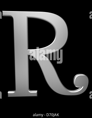 Buchstabe R in gebürstetem Stahl isoliert auf schwarz mit Beschneidungspfad Stockfoto