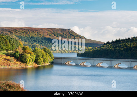 Blick auf Ladybower Vorratsbehälter mit Ashopton Viadukt und Bamford Edge, der Peak District National Park. Stockfoto