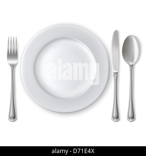 Leeren Teller mit Löffel, Messer und Gabel auf weißem Hintergrund. Netz. Schnittmaske. Stockfoto