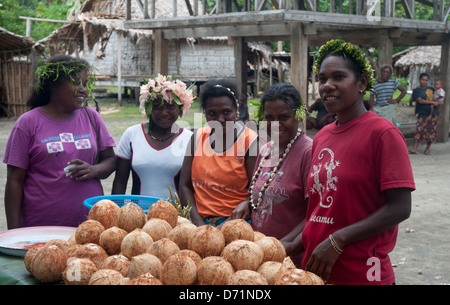 Frauen von Anuta Provinz Makira (San Cristobal) begrüssen wir Sie in ihr Dorf mit frischen Kokosnüssen trinken Stockfoto