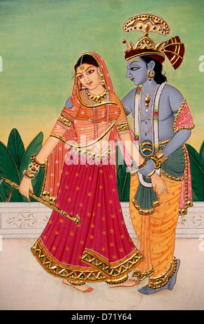 romantische Darstellung des HIndu-Gottes Krishna und Radha. Malerei aus Indien Stockfoto