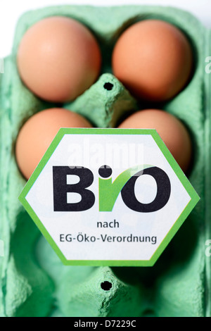 Hühnereier mit Bio-Siegel, symbolische Foto falsch deklarierte Biologie Eiern Stockfoto