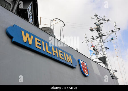 26. April 2013, Belfast, Nordirland. FGS-Weilheim von der deutschen Marine, eines der Schiffe der Standing NATO Mine Gegenmaßnahmen Gruppe 1 (SNMCG1) Stockfoto