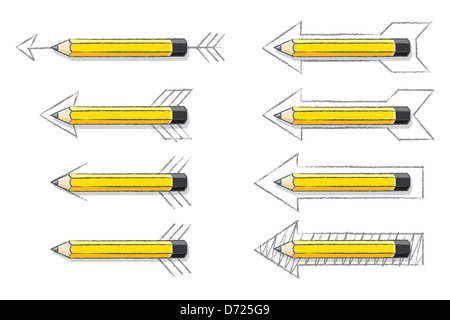 Gelbe Spitze Bleistifte mit Schatten Überlagerung verschiedener Stile der Pfeile gezeichnet Stockfoto