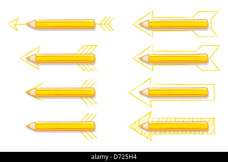 Gelbe Bleistifte mit Schatten Überlagerung verschiedener Stile gezeichnet Pfeile Stockfoto