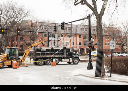 Arbeiter reparieren Sie unterirdische Probleme auf der Beacon Street in Brookline, Massachusetts, in der Nähe von Coolidge Corner.  Hinweis Baumschutz. Stockfoto