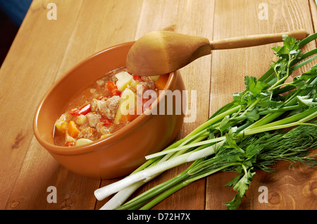 Traditionelle ungarische hausgemachte heiße Gulaschsuppe Stockfoto