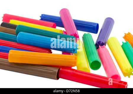 viele bunte Filzstift Stift Kappen isoliert auf weißem Hintergrund Stockfoto