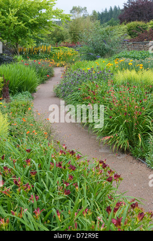 Leere Gasse im blühenden Garten, Devon, UK. Stockfoto