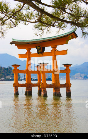 Torii Tor des Itsukushima-Jinja Schrein und Steinlaterne, Miyajima, Japan Stockfoto