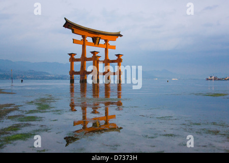 Nachtansicht des Torii Tor des Itsukushima Jinja Shrine, Miyajima, Japan Stockfoto