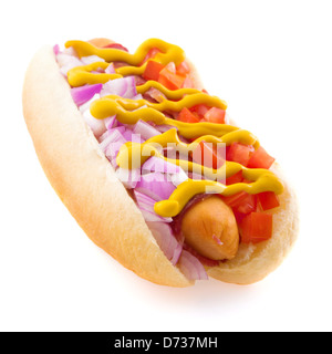 Hot Dog Zwiebeln Tomaten isoliert weiss Stockfoto