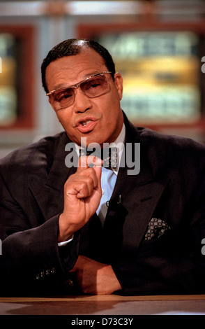 Führer der Nation of Islam, erläutert Minister Louis Farrakhan seine Ansichten des Präsidenten Skandals während NBC Meet the Press 18. Oktober 1998 in Washington, DC. Stockfoto