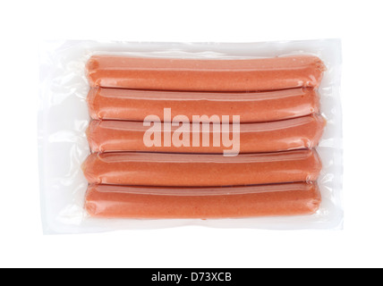 Packen Sie fünf Würstchen. Isoliert auf weißem Hintergrund Stockfoto