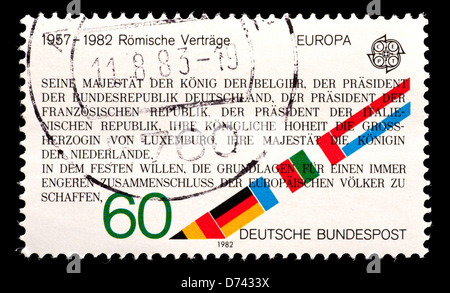 Briefmarke aus Deutschland mit dem Vertrag von Rom. Stockfoto