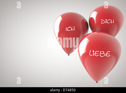 Rote Luftballons mit Aufdruck "Ich Liebe Dich". Stockfoto