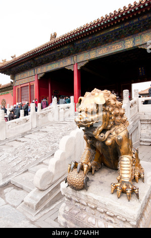Vergoldete Löwenstatue vor dem Tor der Himmlischen Reinheit in der verbotenen Stadt, Peking, China Stockfoto