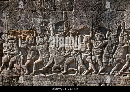 Relief-Schnitzereien. Bayon Tempel. Angkor. Kambodscha Stockfoto