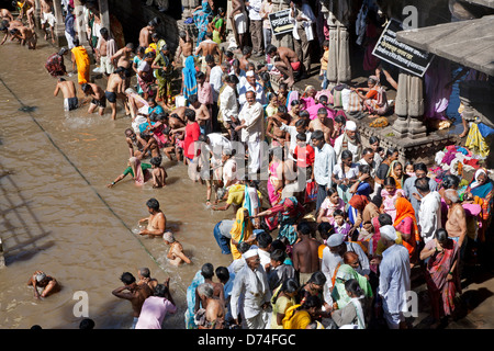 Hindu-Pilger Baden im heiligen Wasser-Reservoir der Kushavarta (die Quelle des Flusses Godavari). Trimbakeshwar. Indien Stockfoto