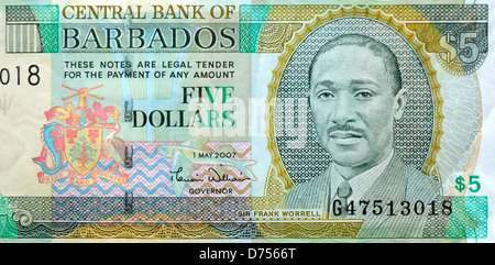 Barbados 5 fünf-Dollar-Banknote Stockfoto