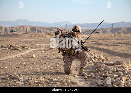 US-Marines und afghanischen nationalen zivilen Ordnung Polizisten patrouillieren während Betrieb Kalifornien, feindlichen Aufständischen aus dem Dorf Loy Mandah 28. April 2013 in Kajaki District, Provinz Helmand, Afghanistan zu löschen. Stockfoto