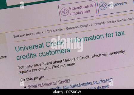 Screenshot von einer Webseite HMRC für die neue Universalbeihilfe (Roll-out begonnen 29. April 2013), eingeführt, um mehrere aktuelle Vorteile ersetzen. Stockfoto