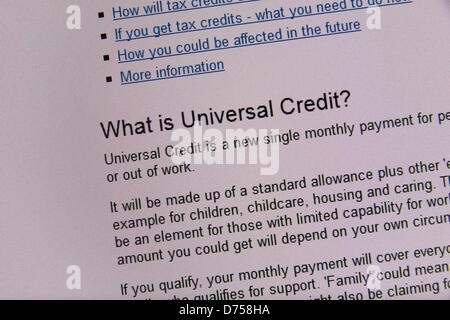 Screenshot von einer Webseite HMRC für die neue Universalbeihilfe (Roll-out begonnen 29. April 2013), eingeführt, um mehrere aktuelle Vorteile ersetzen.  Besucher der Website können herauszufinden, "Was ist Universalbeihilfe?" Stockfoto