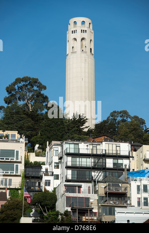 Coit Tower Telegraph Hill San Francisco Kalifornien // San FRANCISCO, Kalifornien – der Coit Tower steht auf dem Telegraph Hill in San Franciscos Stadtteil North Beach. Der 210 Fuß hohe Art déco-Betonturm wurde 1933 mit Mitteln fertiggestellt, die Lillie Hitchcock Coit, eine wohlhabende San Francisco-Sozialistin und Schutzpatronin der Feuerwehr der Stadt, hinterlassen hat. Coit hinterließ ein Drittel ihres Anwesens der Stadt, um San Francisco in der von der Stadt als am besten erachteten Form Schönheit zu verleihen. Im Inneren des Turms befinden sich Wandmalereien, die von lokalen Künstlern während der Großen Depression als Teil der öffentlichen Arbeiten gemalt wurden Stockfoto