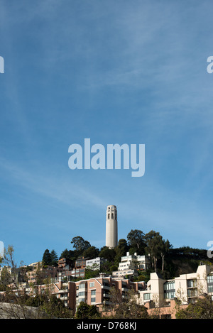 Coit Tower Telegraph Hill San Francisco Kalifornien // San FRANCISCO, Kalifornien – der Coit Tower steht auf dem Telegraph Hill in San Franciscos Stadtteil North Beach. Der 210 Fuß hohe Art déco-Betonturm wurde 1933 mit Mitteln fertiggestellt, die Lillie Hitchcock Coit, eine wohlhabende San Francisco-Sozialistin und Schutzpatronin der Feuerwehr der Stadt, hinterlassen hat. Coit hinterließ ein Drittel ihres Anwesens der Stadt, um San Francisco in der von der Stadt als am besten erachteten Form Schönheit zu verleihen. Im Inneren des Turms befinden sich Wandmalereien, die von lokalen Künstlern während der Großen Depression als Teil der öffentlichen Arbeiten gemalt wurden Stockfoto