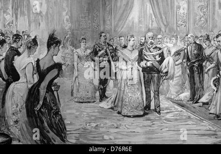 Der deutsche Kaiser und die Kaiserin in Rom, Eingang der Majestäten in Concert Hall, Italien, Holzschnitt um 1871 Stockfoto