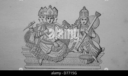 Brahma und Saraswati, Hindu-Götter, Indien, Holzschnitt aus dem Jahr 1880 Stockfoto