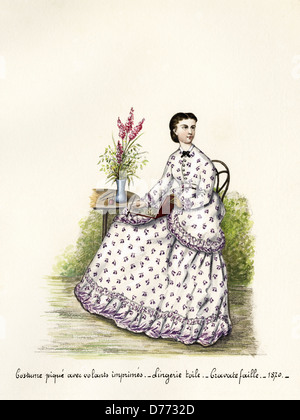 Französischer Mode aus der viktorianischen Ära datiert 1870. Original Aquarell-Malerei mit Beschreibung des Designs in französischer Sprachkünstler unbekannt Stockfoto