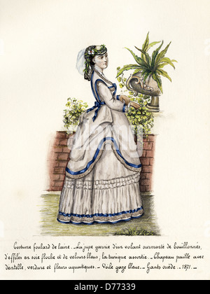 Französischer Mode aus der viktorianischen Ära datiert 1871. Original Aquarell-Malerei mit Beschreibung des Designs in französischer Sprachkünstler unbekannt Stockfoto