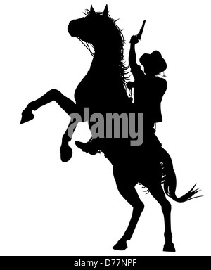Silhouette eines Cowboys schießen eine Pistole auf einem aufbäumenden Pferd dargestellt Stockfoto