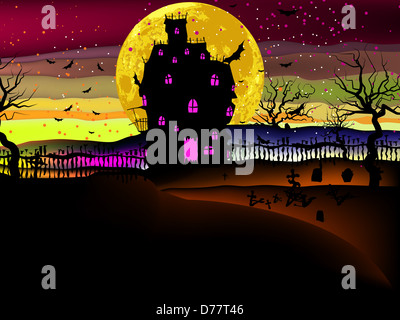 Grunge Halloween-Hintergrund mit Spukhaus, Fledermäuse und Vollmond Stockfoto