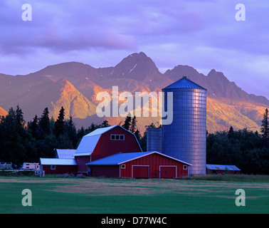 Scheune Silo im Kommandobereich McCombs' Farm Bodenburg Butte Matanuska Valley Pioneer Peak Chugach Range über Alaska. Stockfoto