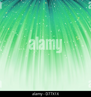 Festliche grünen abstrakten Hintergrund mit Sternen absteigend auf Strahlen des Lichts Stockfoto