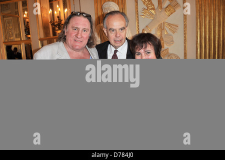 Gerard Depardieu, Frédéric Mitterrand und Marie Paule Belle bei Barbara Awards statt, bei dem Ministerium für Kultur in Paris, Frankreich Stockfoto